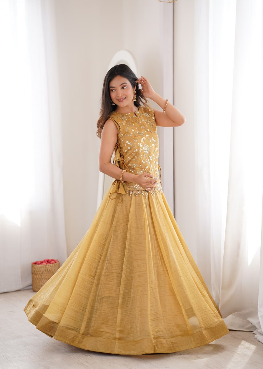 Zari Embroidered Sleeveless Top With Flared Lehenga Set