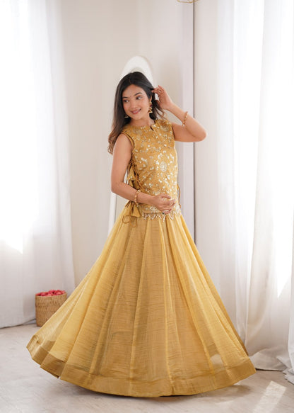Zari Embroidered Sleeveless Top With Flared Lehenga Set