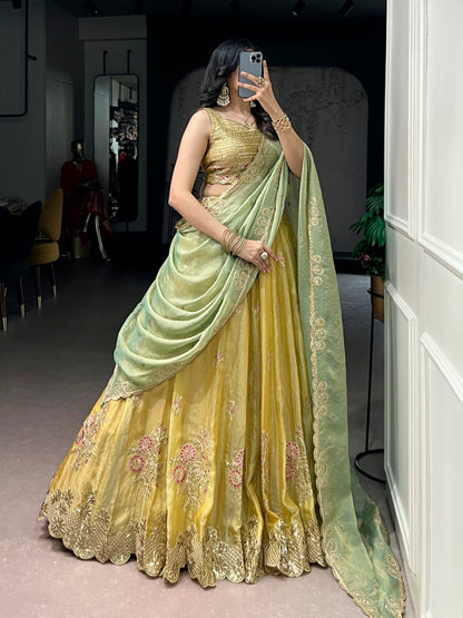 Mustard Yellow Silk Lehenga Choli With Green Embroidered Dupatta