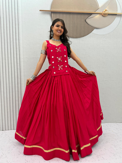 6 Meter Flair Rani Pink Plain Lehenga Choli With Mirror Work Jacket