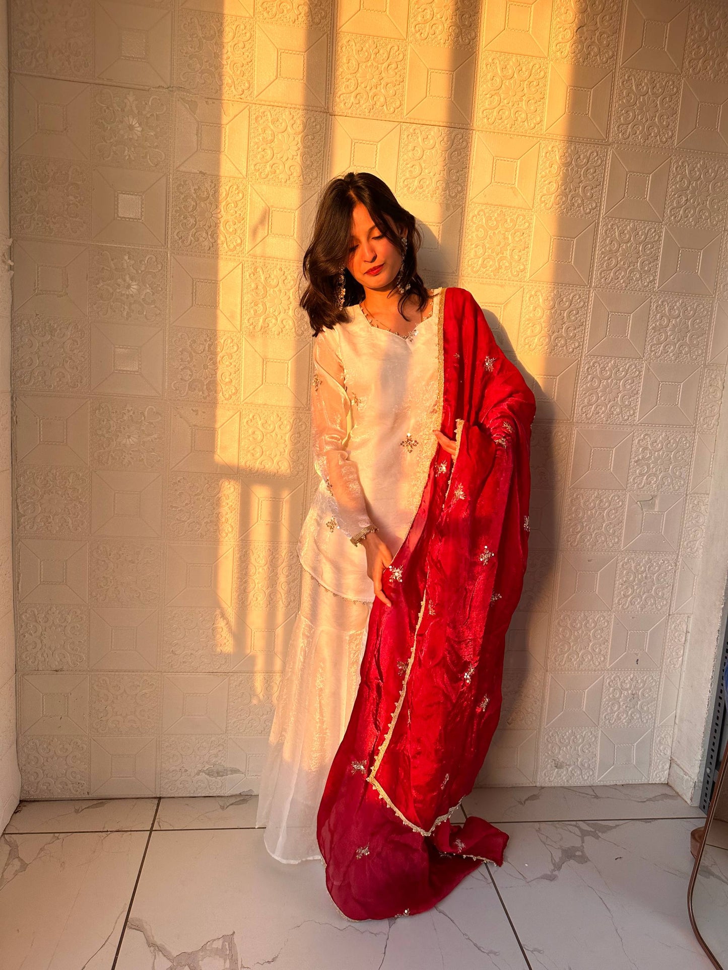Embroidered Sharara Set with Contrast Sequin Maroon Dupatta