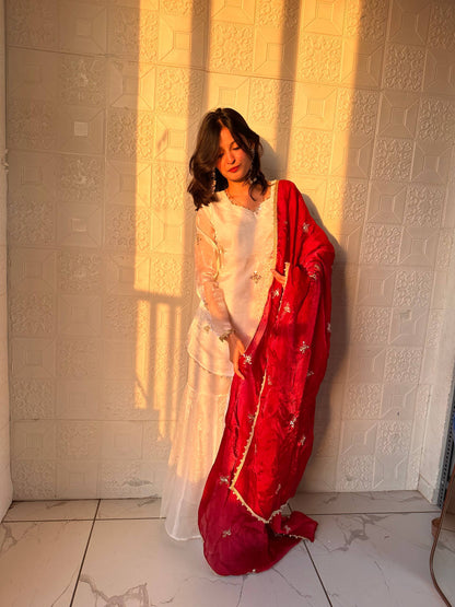 Embroidered Sharara Set with Contrast Sequin Maroon Dupatta