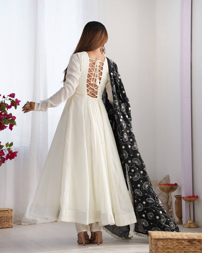 Elegant White Vichitra Silk Anarkali Set With Black Embroidered Dupatta