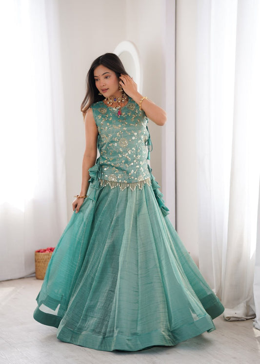Zari Embroidered Sleeveless Top With Flared Lehenga Set