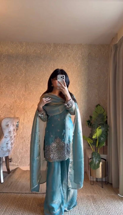 Ice Blue Silk Plazzo Suit With Heavy Zari And Sequins Embroidery