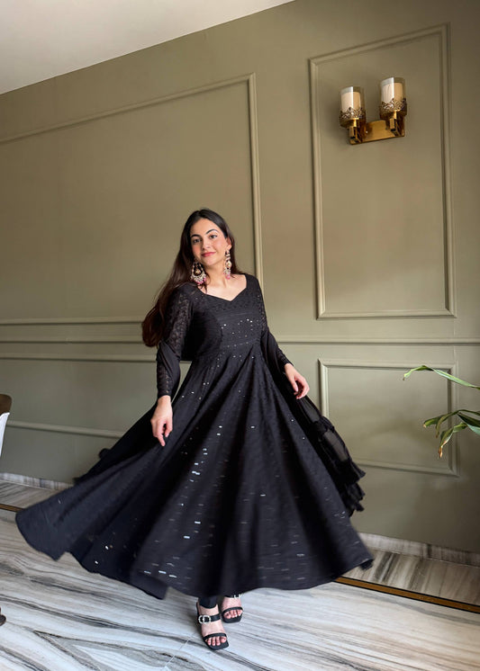 Elegant Black Anarkali Gown with Sparkling Details