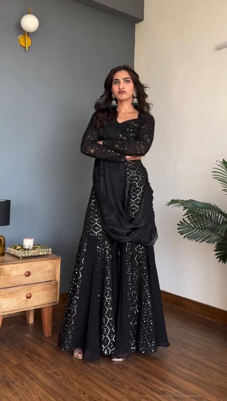 Black Sequined Sharara Suit With Dupatta