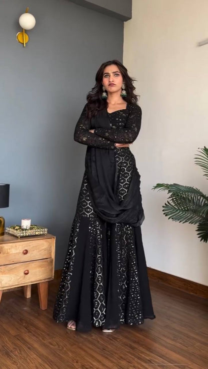 Black Sequined Sharara Suit With Dupatta