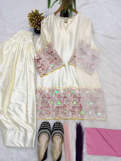 Elegant Off-White Silk Kurti With Pink Floral Embroidered Sleeves With White Salwar