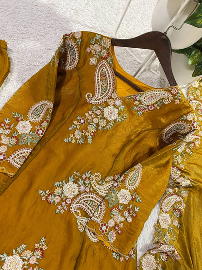 Floral-Paisley Thread Work Kurta Set With Flared Palazzo