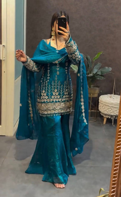 Teal Blue Heavy Embroidered Sharara Suit Set With Zari And Sequin Work Dupatta