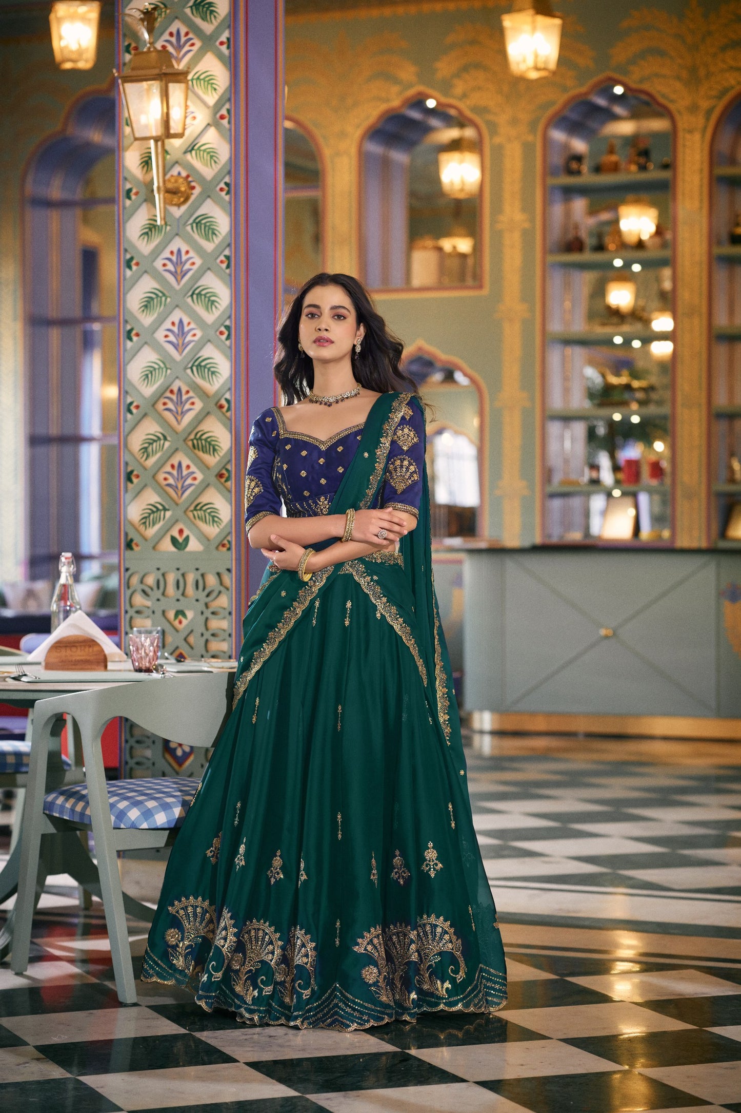 Bottle Green Embroidered Lehenga Choli with Contrast Blouse And Dupatta