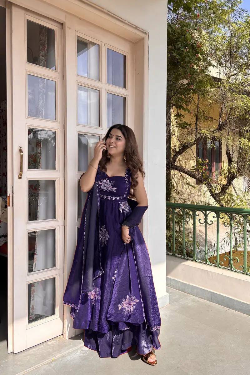 Floral Embroidered Sleeveless Anarkali Gown With Dupatta Set