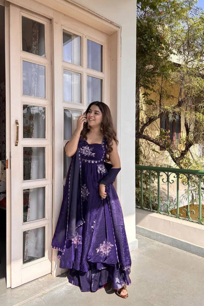 Floral Embroidered Sleeveless Anarkali Gown With Dupatta Set