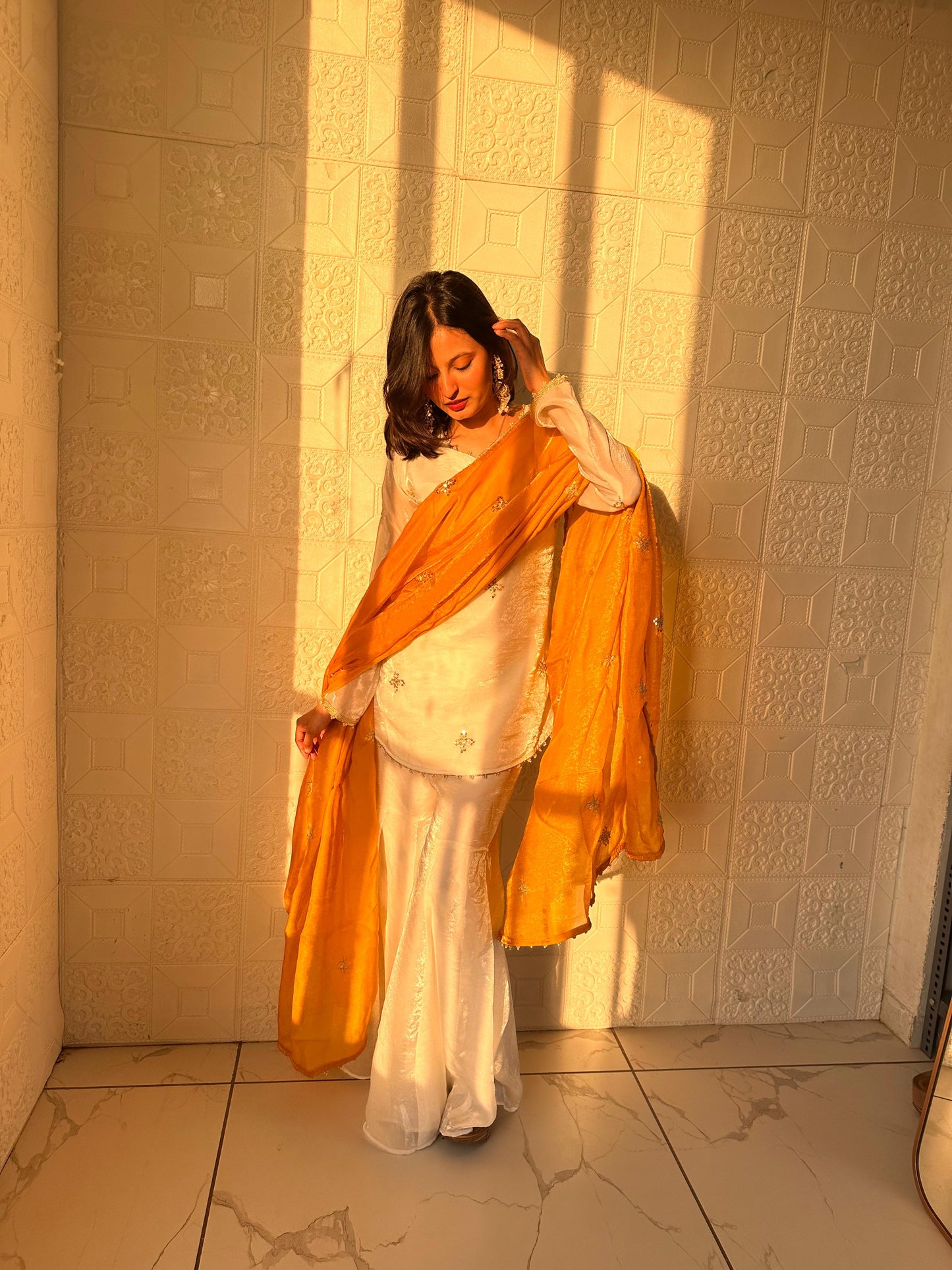 Embroidered Sharara Set With Contrast Sequin Mustard Yellow Dupatta