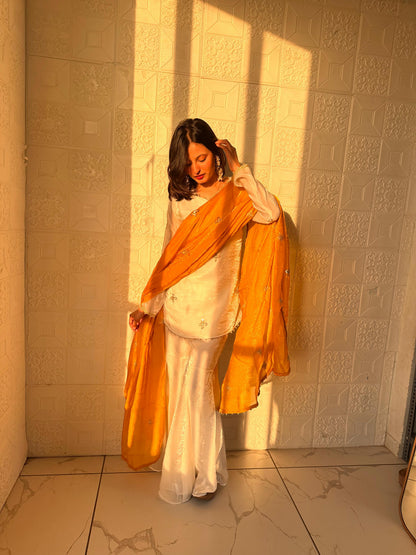 Embroidered Sharara Set With Contrast Sequin Mustard Yellow Dupatta