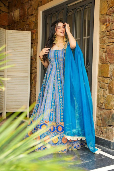 ROYAL BLUE DIGITAL PRINTED  ANARKALI WITH DESIGNER DUPATTA