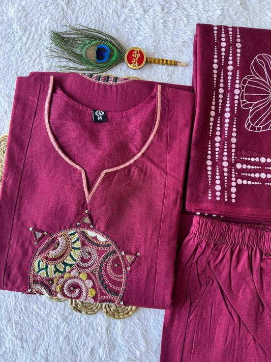 Cotton Kurti Set With Embroidery And Matching Printed Dupatta