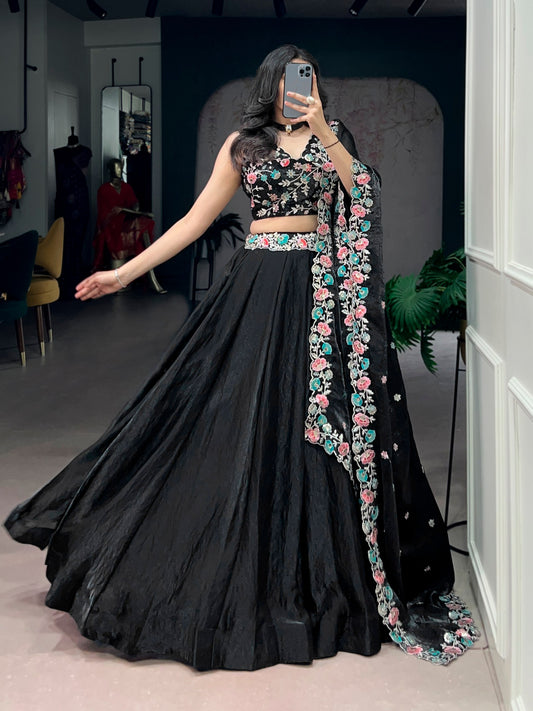 Black Embroidered Floral Lehenga Choli With Matching Dupatta
