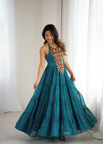 Bandhani Maxi Dress With Intricate Kutchi Embroidered Halter Neck