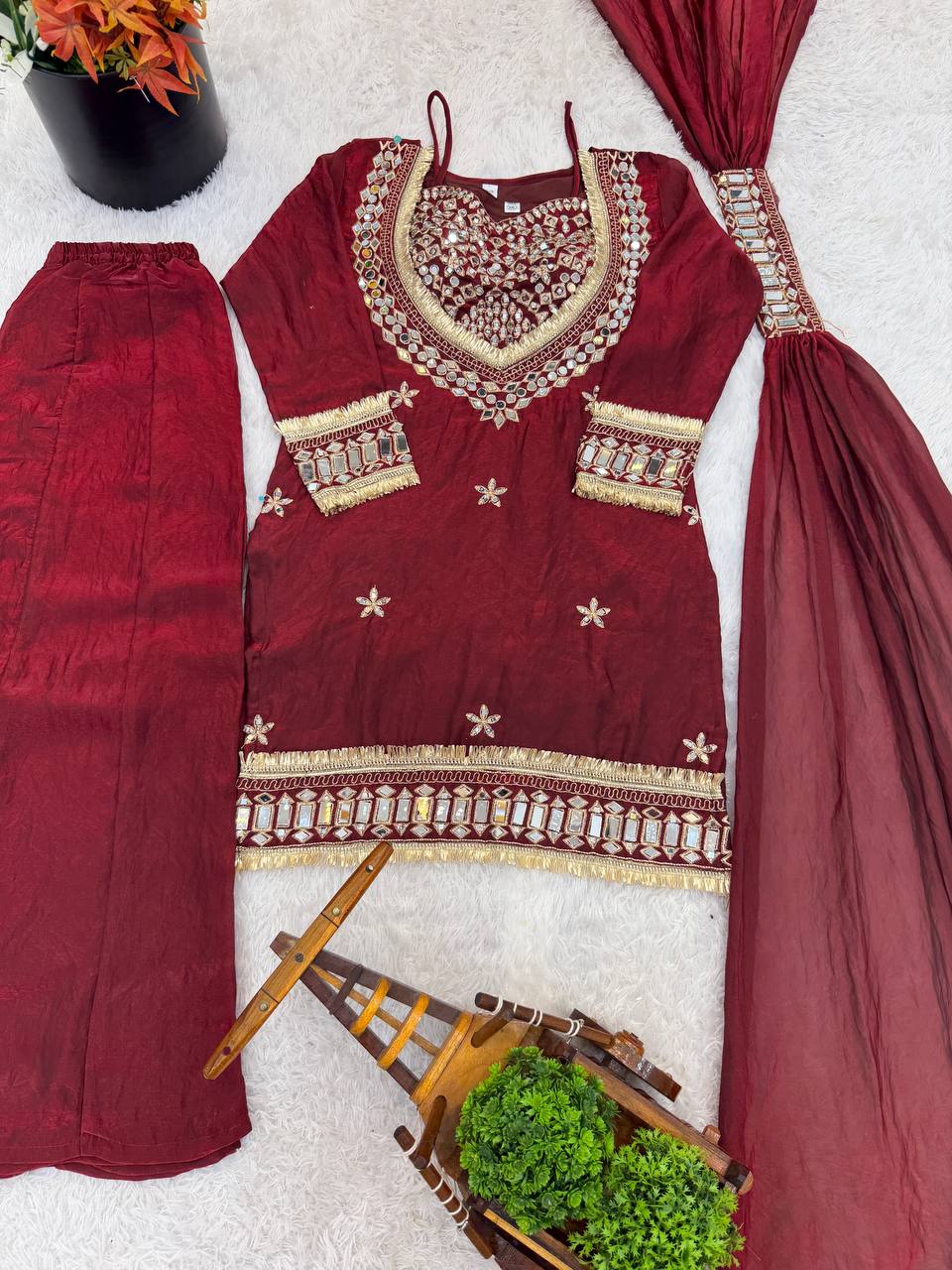 Maroon Silk Sharara Suit With Real Mirror Work And Gold Lace Work