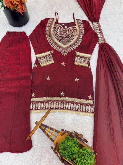 Maroon Silk Sharara Suit With Real Mirror Work And Gold Lace Work