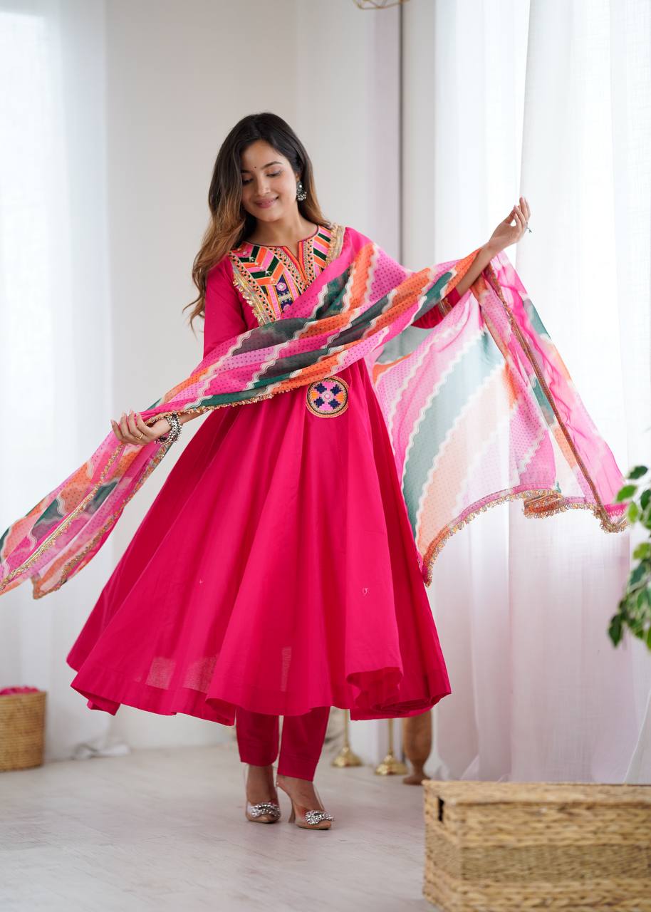 VIBRANT PINK ANARKALI SUIT WITH MULTICOLOUR EMBROIDERED DUPATTA