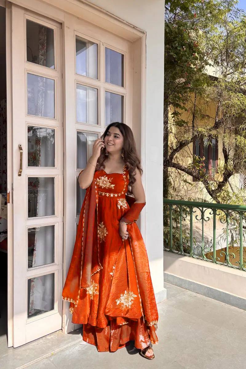 Floral Embroidered Sleeveless Anarkali Gown With Dupatta Set