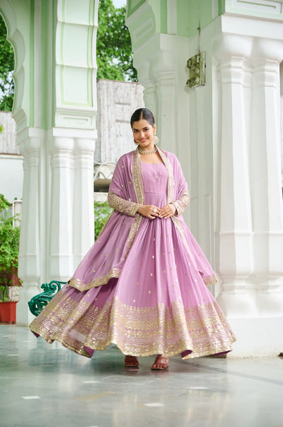 Lavender Georgette Anarkali Gown With Embroidery And Dupatta