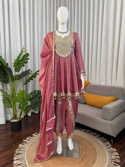 Rose Pink Mirror Work Short Anarkali Kurta With Dhoti Style Pants And Dupatta Set