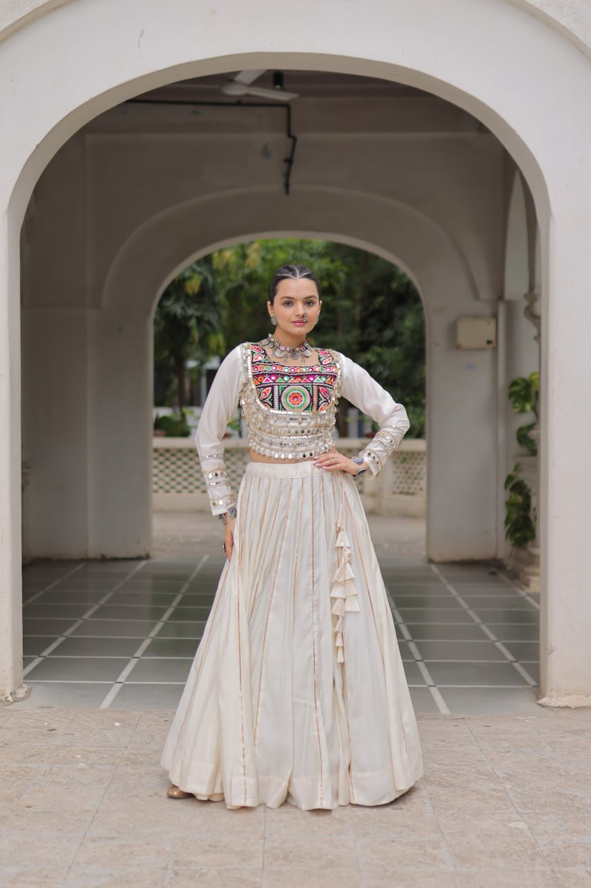 Designer Lehenga With Kutchi Gamthi Embroidered Blouse And Mirror Work
