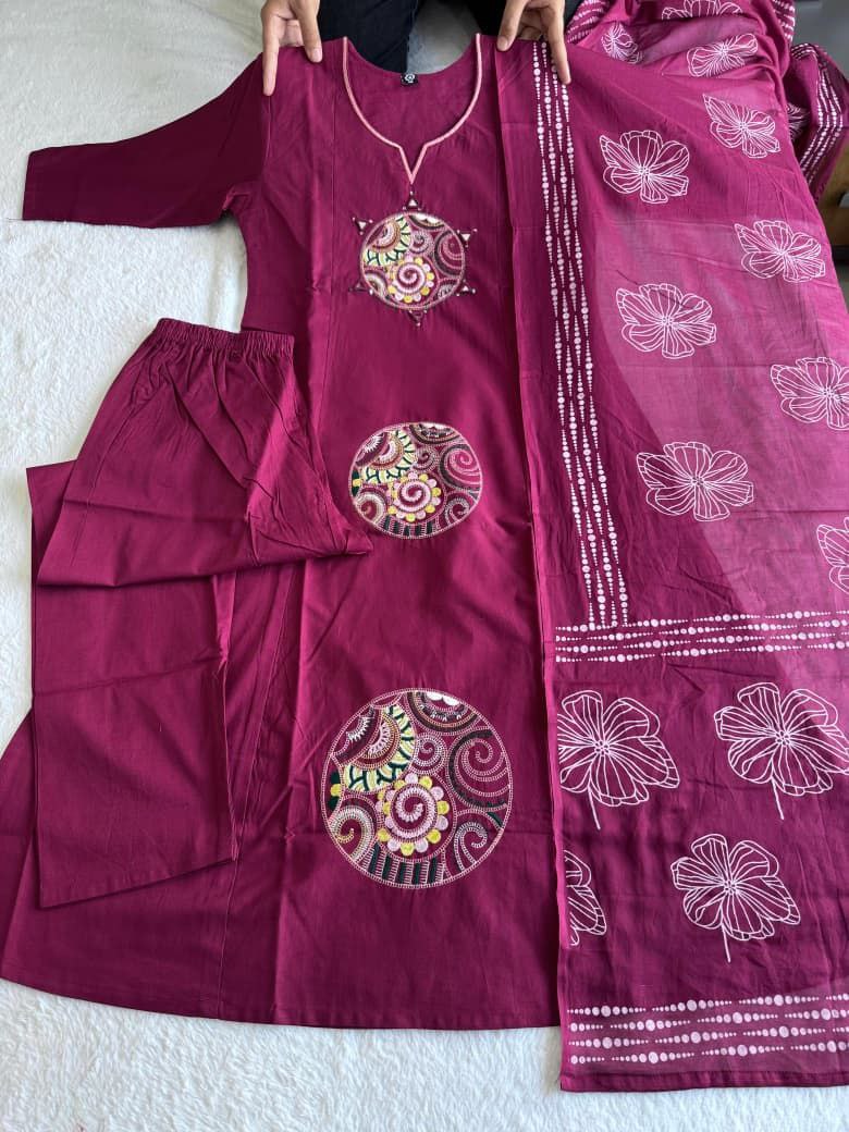 Cotton Kurti Set With Embroidery And Matching Printed Dupatta
