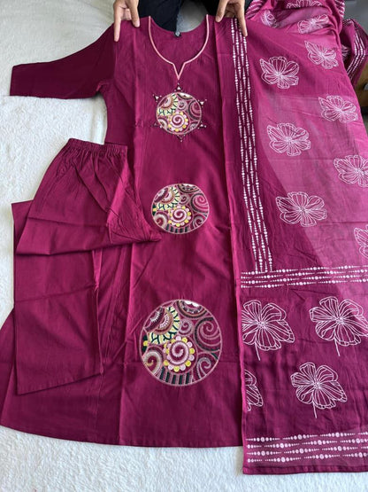 Cotton Kurti Set With Embroidery And Matching Printed Dupatta
