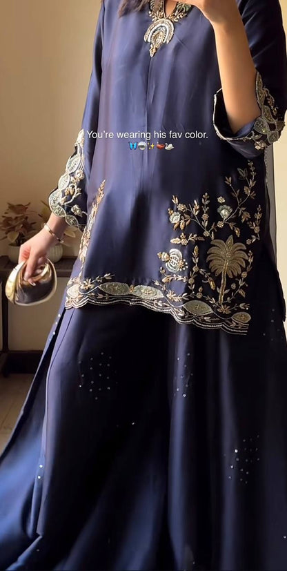 Navy Blue Satin Silk Sharara Suit Set With Gold Zari Floral Embroidery