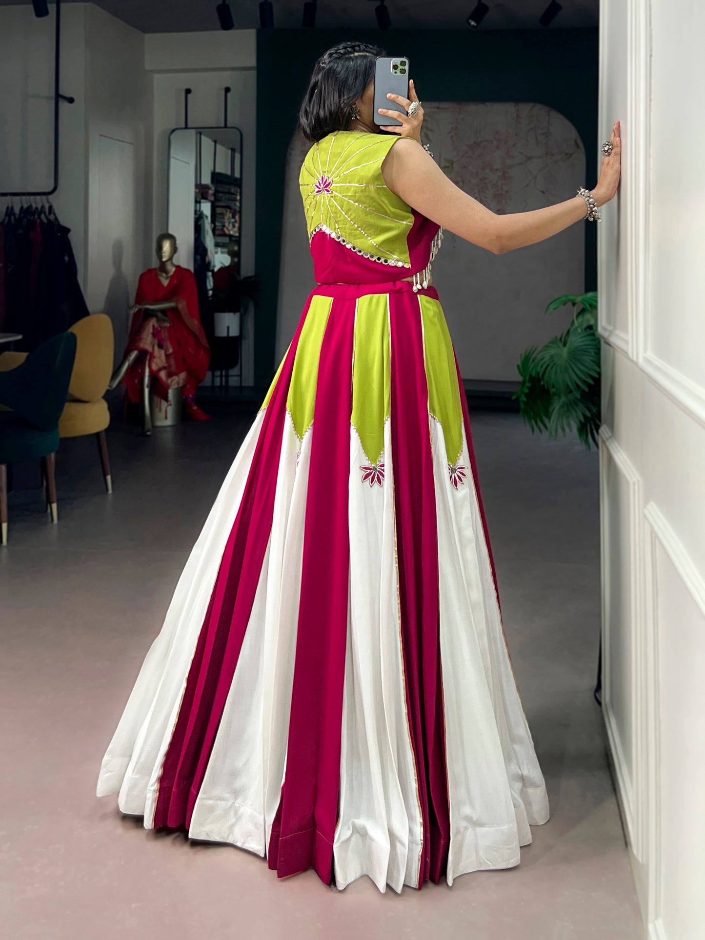Color Block Indo-Western Lehenga Set With Jacket - Pink, Lime Green And White