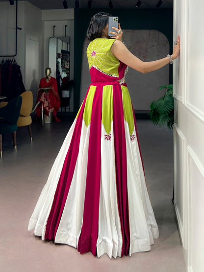 Color Block Indo-Western Lehenga Set With Jacket - Pink, Lime Green And White