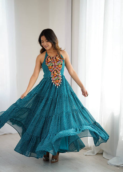 Bandhani Maxi Dress With Intricate Kutchi Embroidered Halter Neck