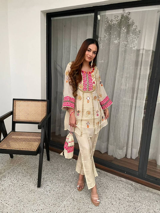 Ivory Mirror And Gota Patti Embroidered Co-ord Set With Potli Bag