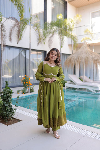 Olive Green Anarkali Suit With Mirror Work And Dupatta