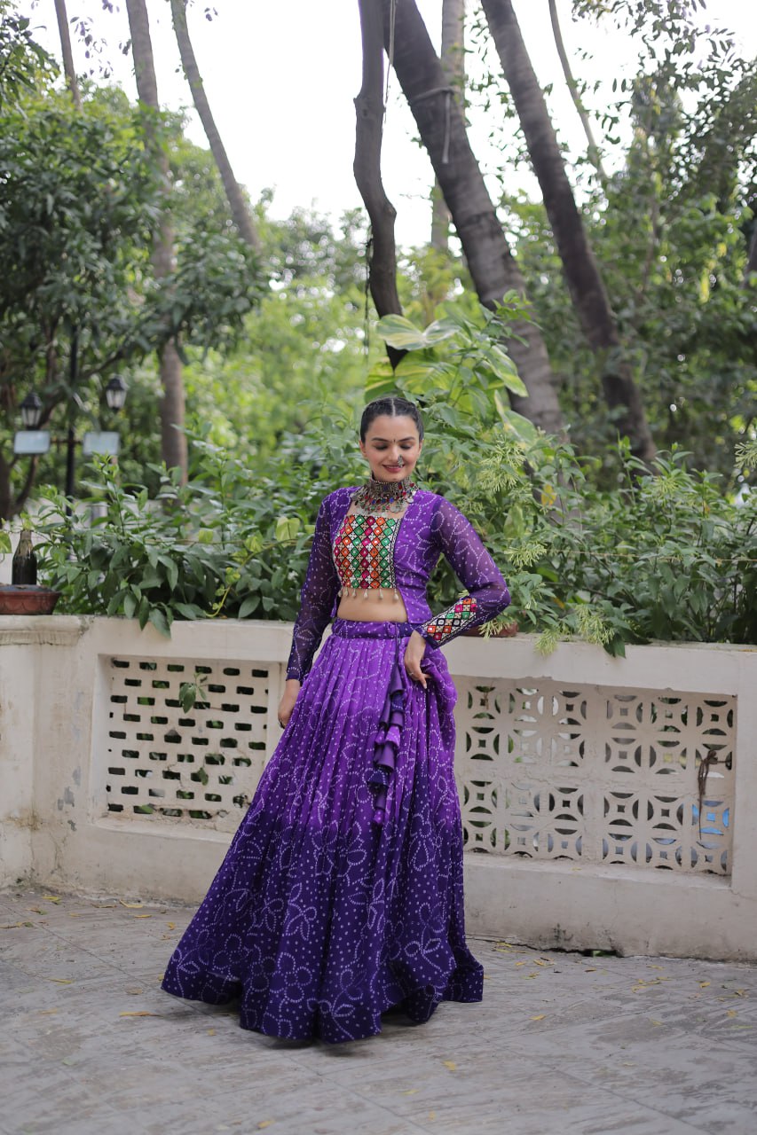 Bandhani Print Lehenga Set With Mirror Work Blouse And Full Sleeves
