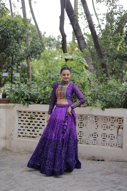 Bandhani Print Lehenga Set With Mirror Work Blouse And Full Sleeves