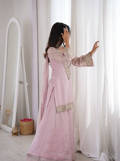 Baby Pink Mirror Work V-Neck Kurta Palazzo Set With Dupatta