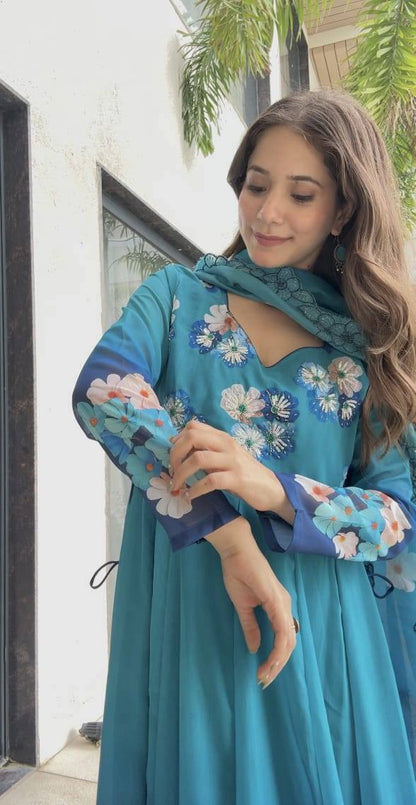Teal Blue Floral Anarkali Suit With Organza Dupatta And Pant