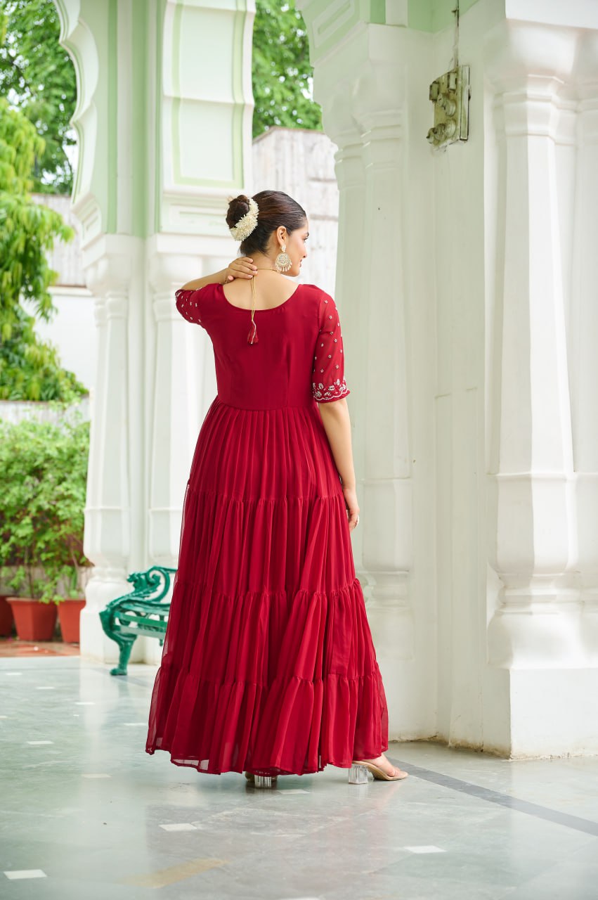 Embroidered Georgette Anarkali Gown Set With Sequins Work And Tiered Flair