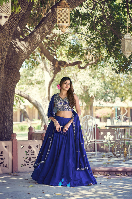 Royal Blue Flared Lehenga Set With Hand Embroidered Blouse And Border Dupatta