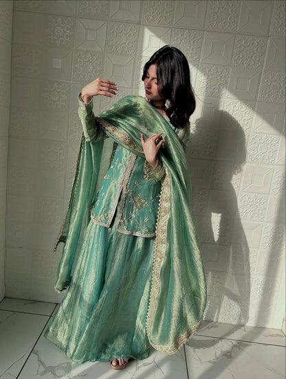 Elegant Green Sharara Suit With Gold Embroidery And Lace