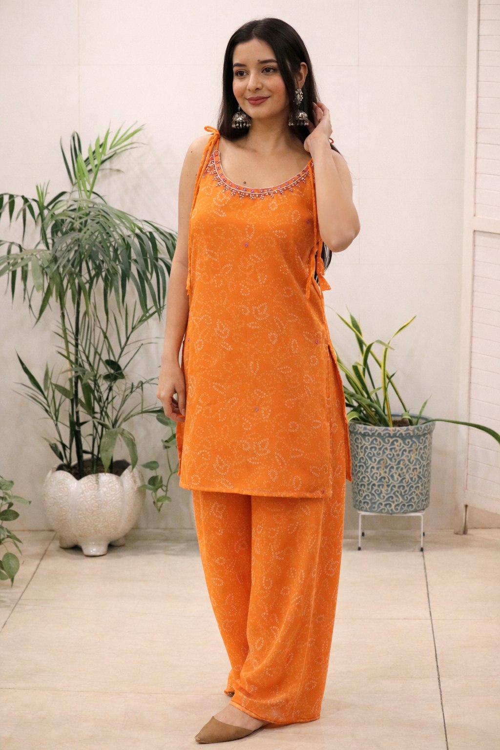 Plain Tissue Palazzo Suit Set With Sleeveless Kurta