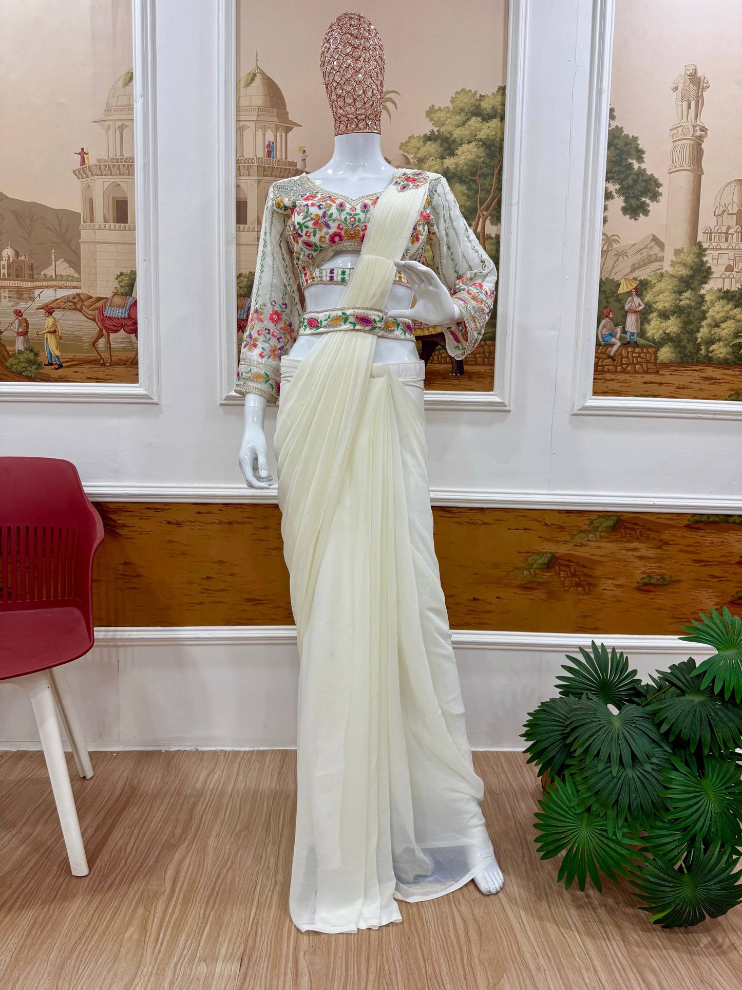 White Draped Ready-To-Wear Saree With Floral Embroidered Blouse