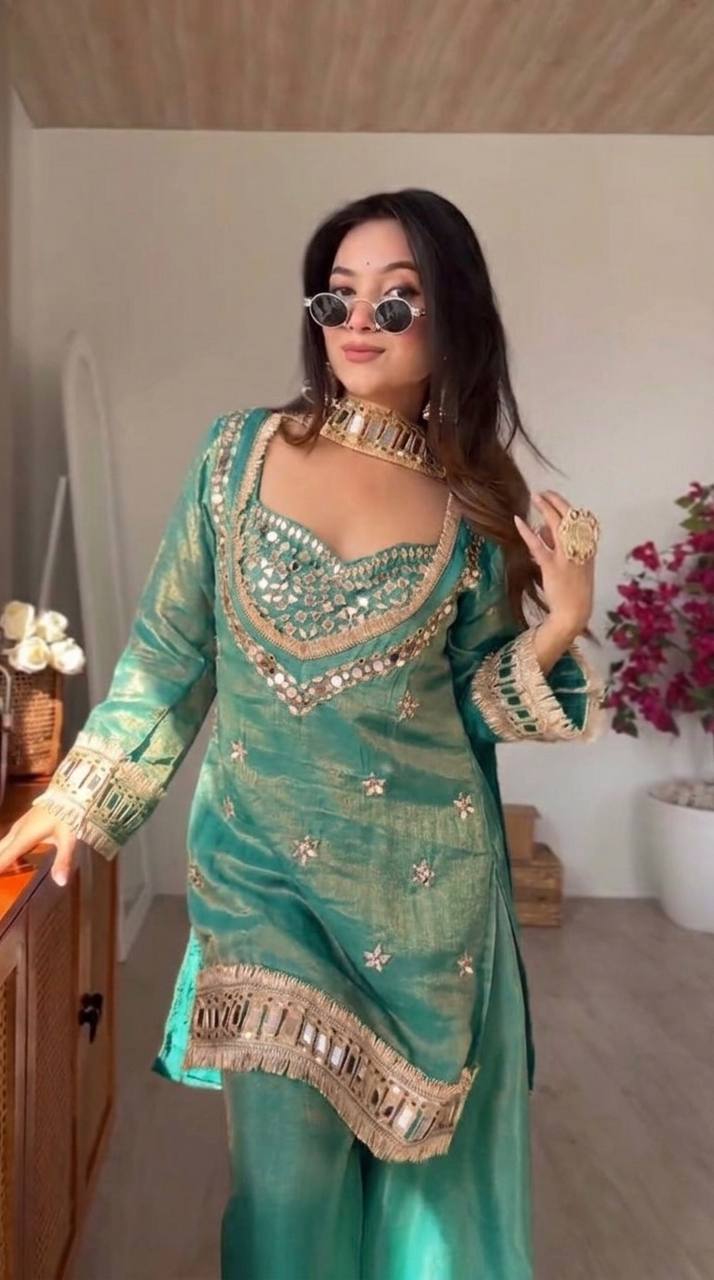 Teal Green Silk Sharara Suit With Real Mirror Work And Gold Lace Work