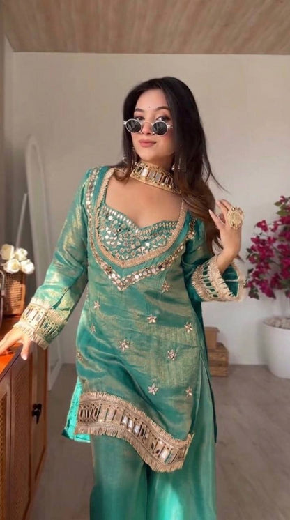 Teal Green Silk Sharara Suit With Real Mirror Work And Gold Lace Work